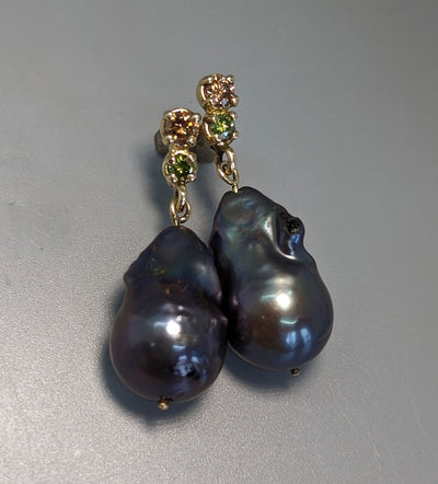 Large Freshwater Pearls with Champagne and Green Diamonds in 14kt Gold Earrings