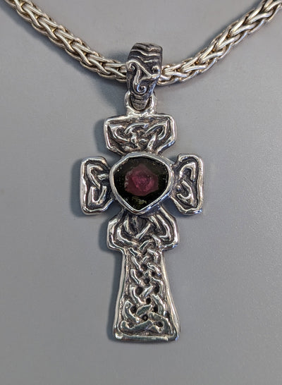 Watermelon Tourmaline, Sterling Silver Fahan Mura Celtic Cross